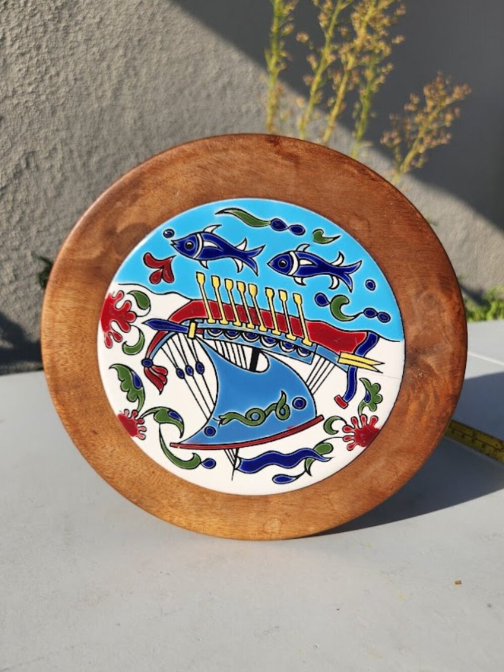 Vintage Hand-Painted Greek Ceramic Tile Trivet Wall Plaque From Rhodes Greece so